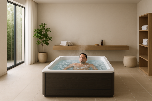 please create a panned out image of a person in a cold plunge. This should be appealing to suppliers and customers alike