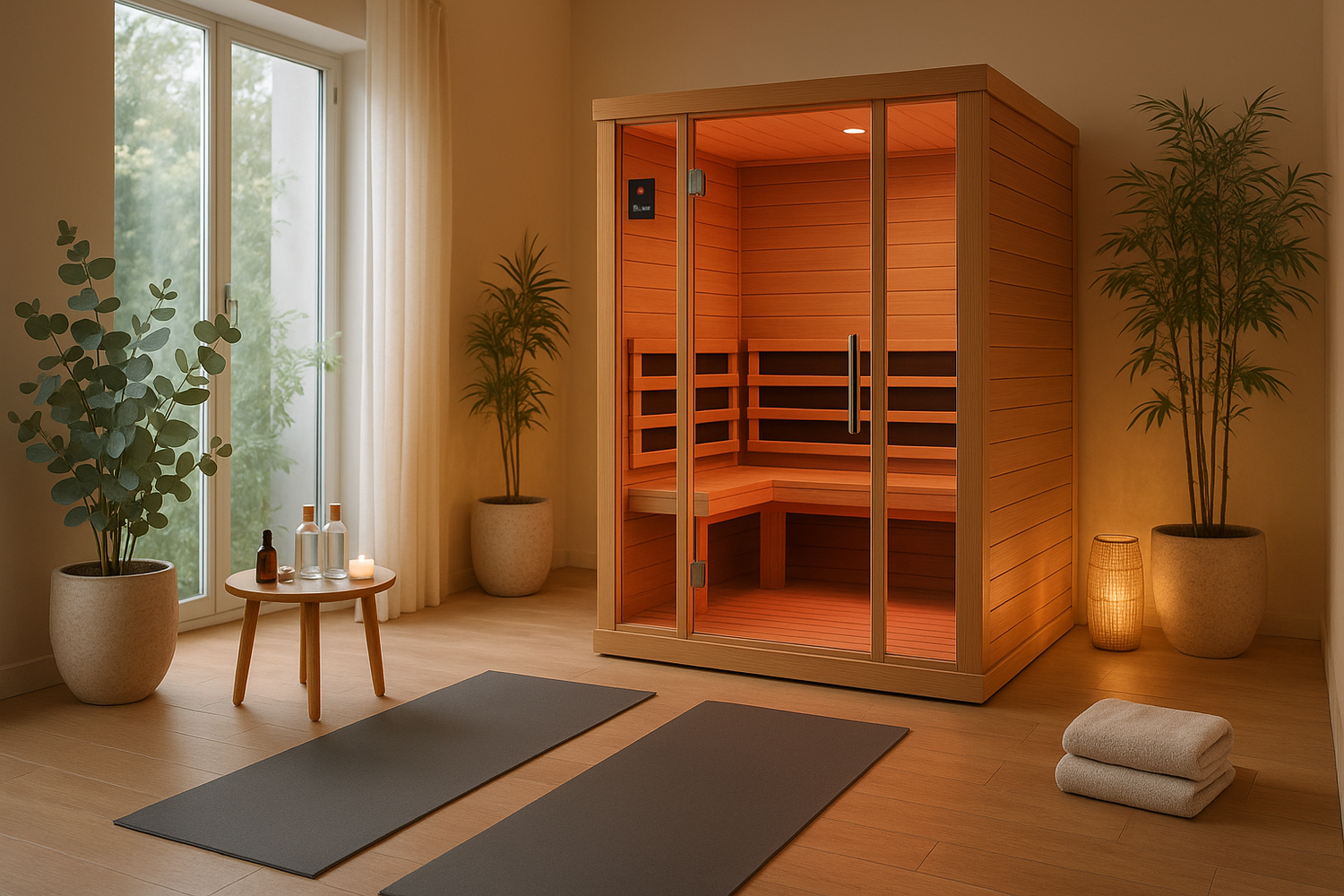 Please create an image of a home wellness area with an infrared sauna in it