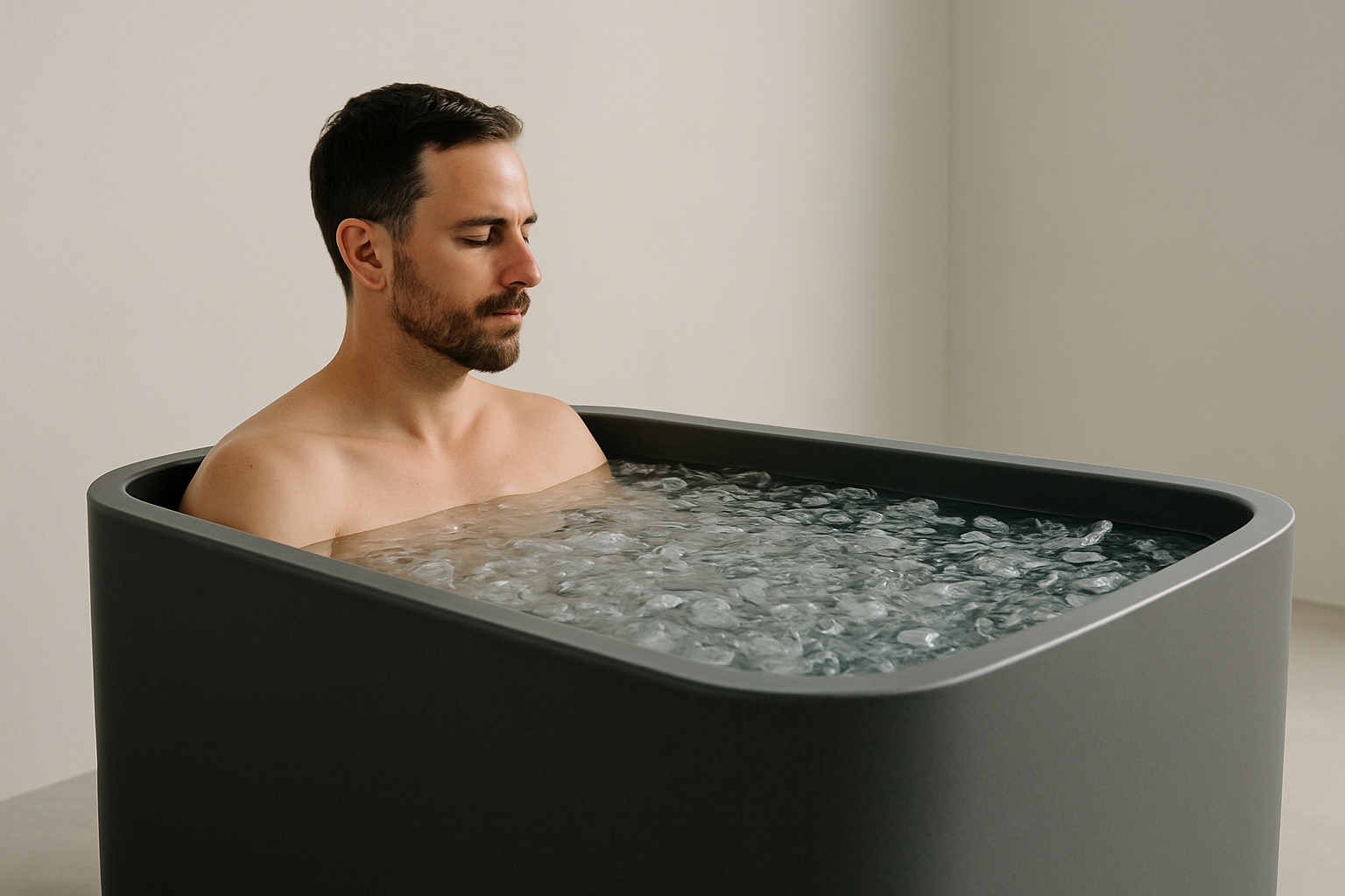 please create an image of a person in a cold plung from a side view. The image should be panned out and applealing to customers and suppliers alike