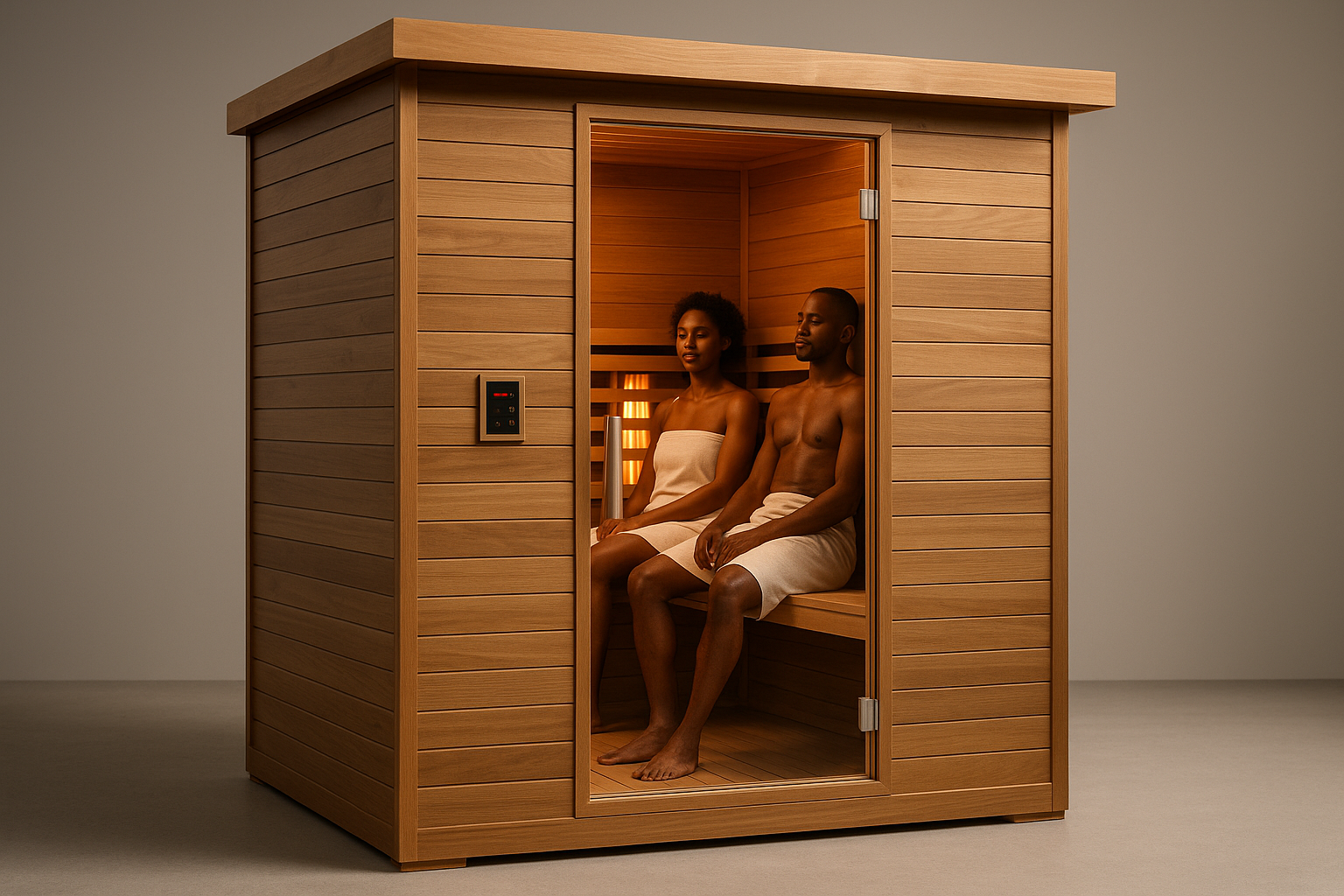 This is a great start. This should be a full view of the sauna from the outside. The couple should be visible through the window on the door. 